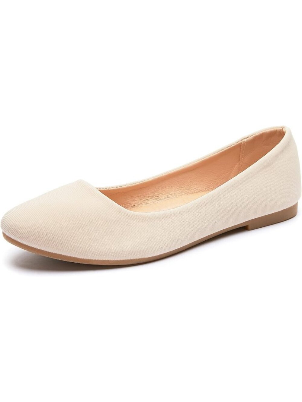 Women's Beige Textile Round Toe Flats Slip On Stable Black Ballet Dress Shoes